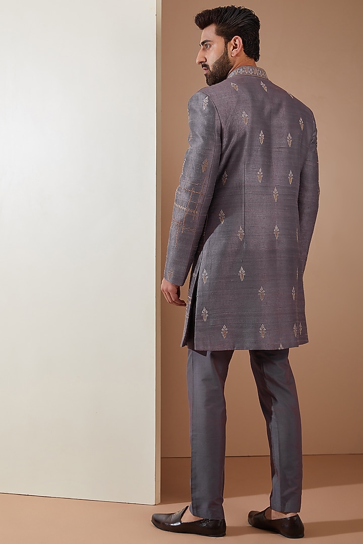 Purple Raw Silk Machine Embroidered Indo-Western Set by THE BLUES at Pernia's Pop Up Shop
