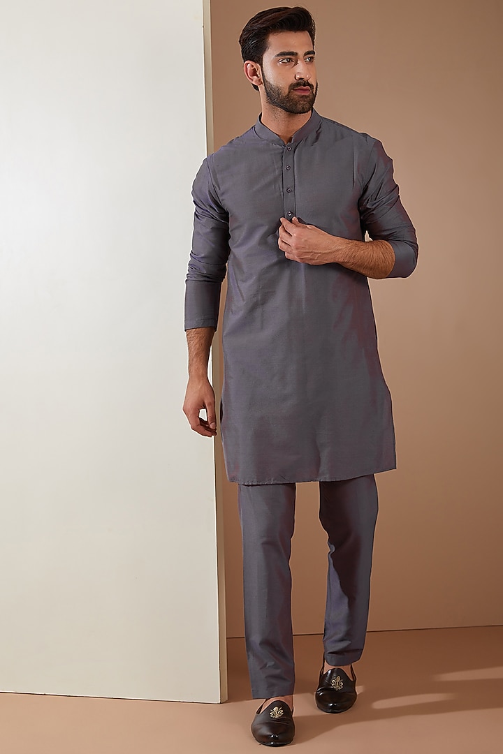 Purple Raw Silk Machine Embroidered Indo-Western Set by THE BLUES at Pernia's Pop Up Shop