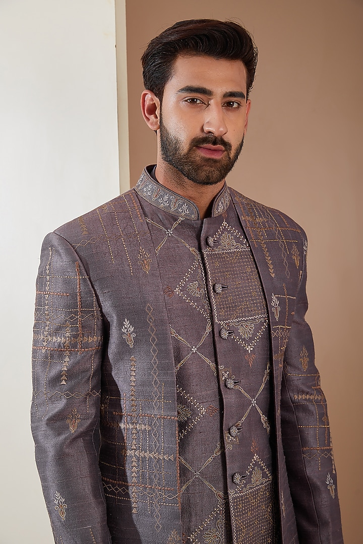 Purple Raw Silk Machine Embroidered Indo-Western Set by THE BLUES at Pernia's Pop Up Shop