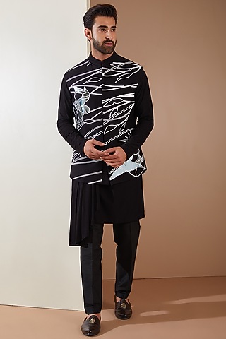Black Hosiery Laser-Cut Applique Embellished Nehru Jacket Set by THE BLUES