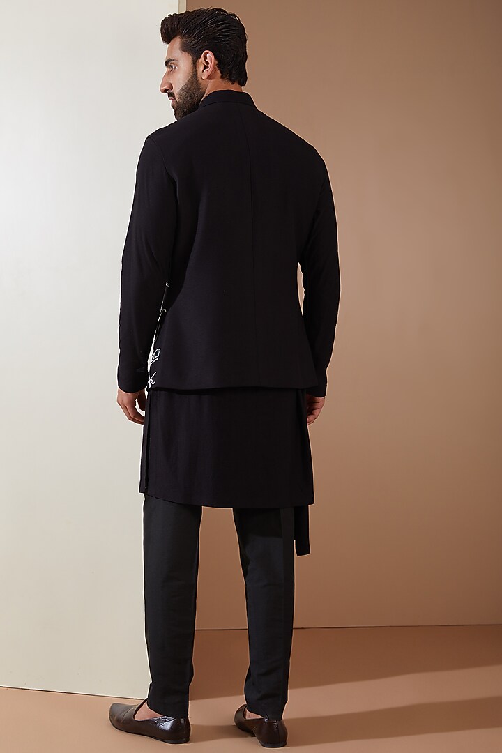 Black Hosiery Laser-Cut Applique Embellished Nehru Jacket Set by THE BLUES at Pernia's Pop Up Shop
