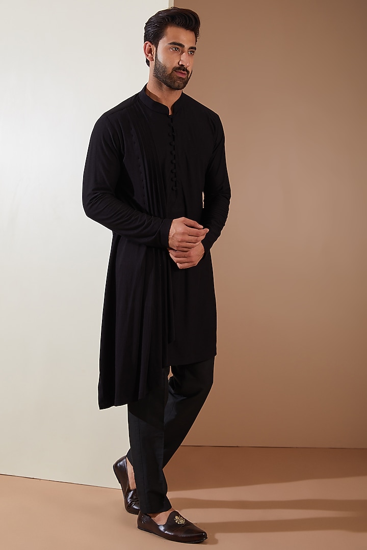 Black Hosiery Laser-Cut Applique Embellished Nehru Jacket Set by THE BLUES at Pernia's Pop Up Shop