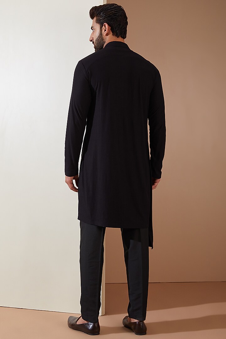 Black Hosiery Laser-Cut Applique Embellished Nehru Jacket Set by THE BLUES at Pernia's Pop Up Shop
