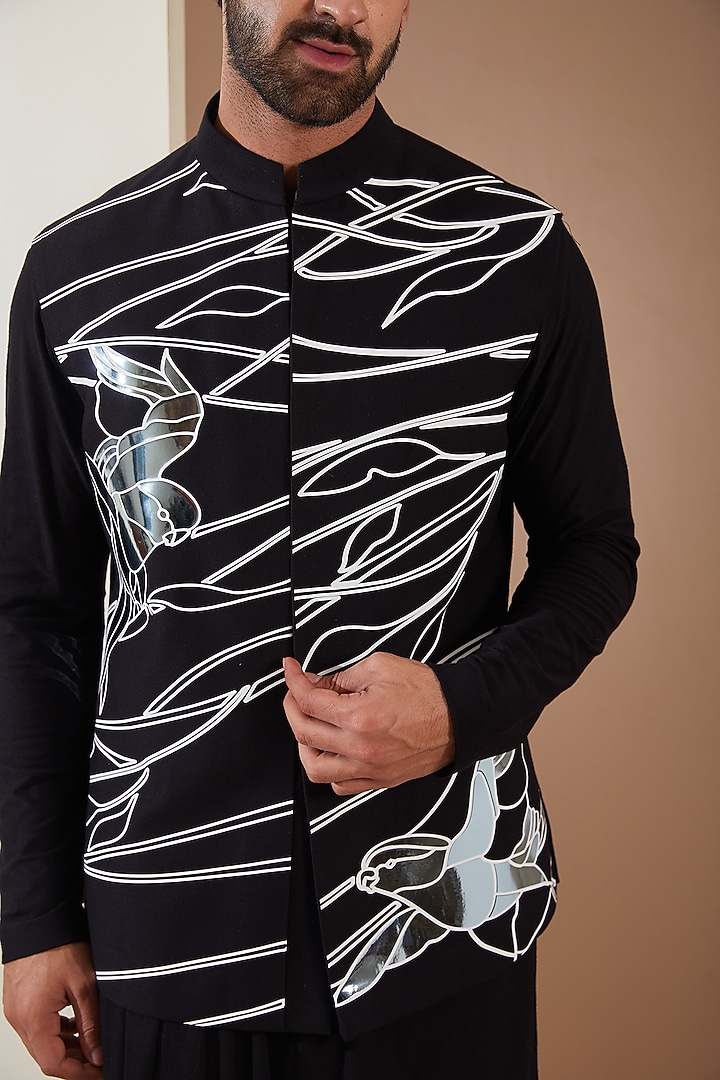 Black Hosiery Laser-Cut Applique Embellished Nehru Jacket Set by THE BLUES at Pernia's Pop Up Shop