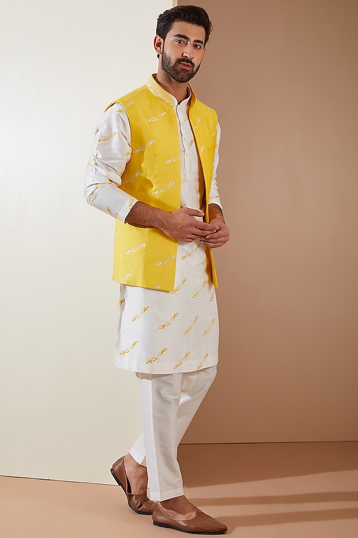 Yellow Cotton Silk Machine Embroidered Indo-Western Set by THE BLUES