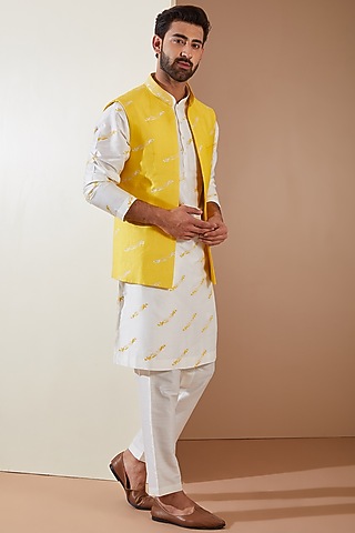 Yellow Cotton Silk Machine Embroidered Indo-Western Set by THE BLUES