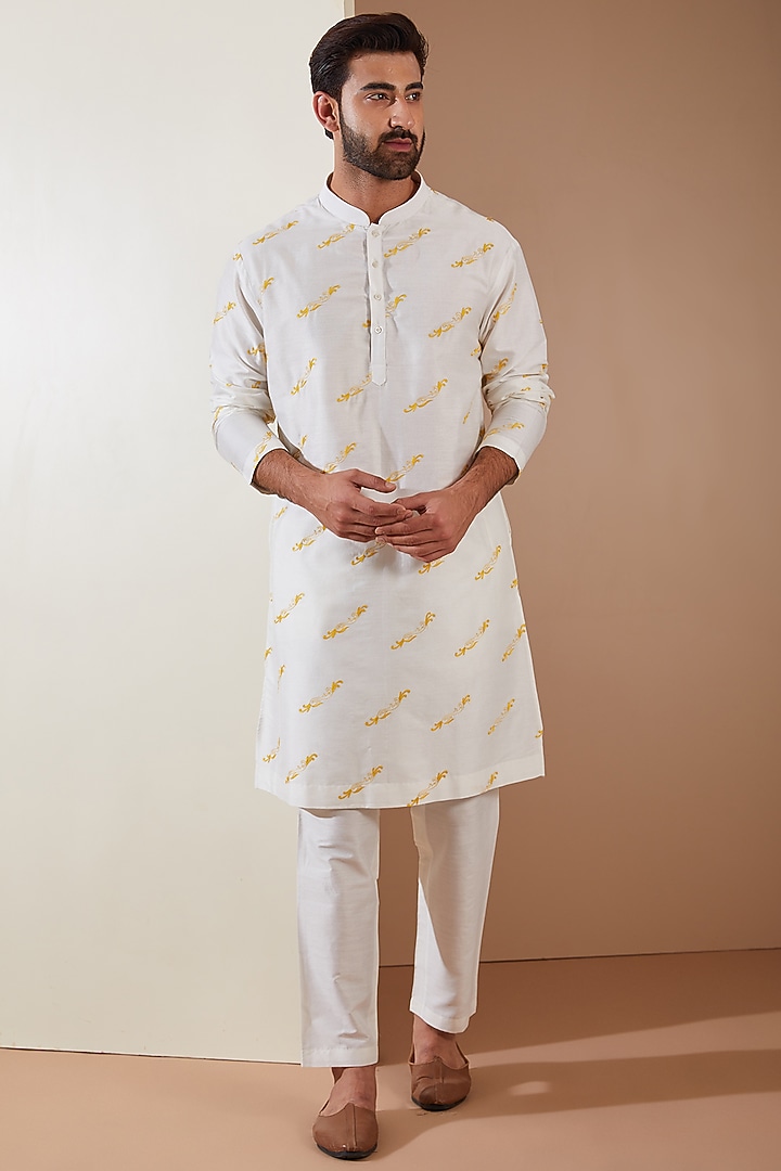 Yellow Cotton Silk Machine Embroidered Indo-Western Set by THE BLUES at Pernia's Pop Up Shop
