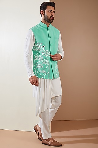 Green Hosiery Laser-Cut Applique Embellished Nehru Jacket Set by THE BLUES