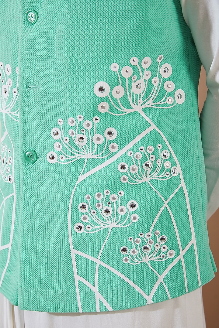 Green Hosiery Laser-Cut Applique Embellished Nehru Jacket Set by THE BLUES at Pernia's Pop Up Shop