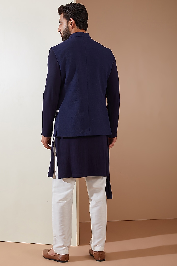 Blue Hosiery Laser-Cut Applique Embellished Nehru Jacket Set by THE BLUES at Pernia's Pop Up Shop