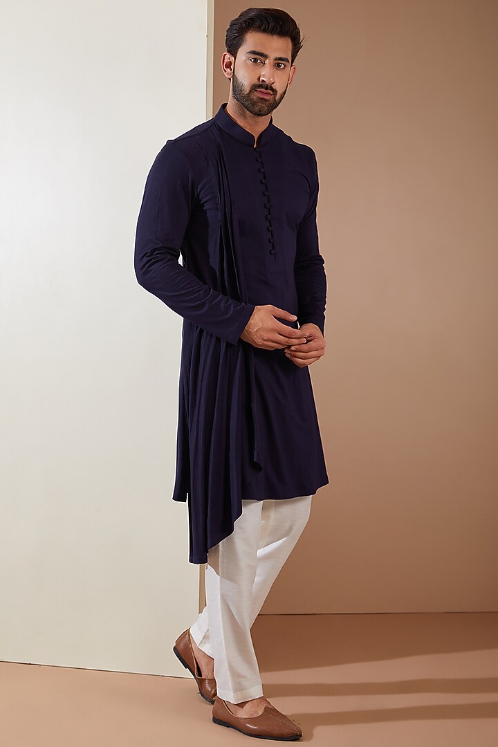 Blue Hosiery Laser-Cut Applique Embellished Nehru Jacket Set by THE BLUES at Pernia's Pop Up Shop