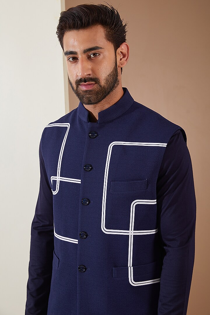 Blue Hosiery Laser-Cut Applique Embellished Nehru Jacket Set by THE BLUES at Pernia's Pop Up Shop