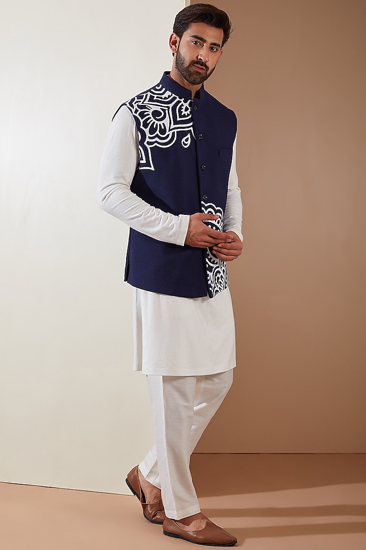 Blue Hosiery Laser-Cut Applique Embellished Nehru Jacket Set by THE BLUES