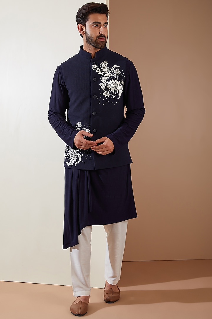 Blue Hosiery Laser-Cut Applique Embellished Nehru Jacket Set by THE BLUES