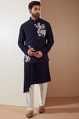 Blue Hosiery Laser-Cut Applique Embellished Nehru Jacket Set by THE BLUES