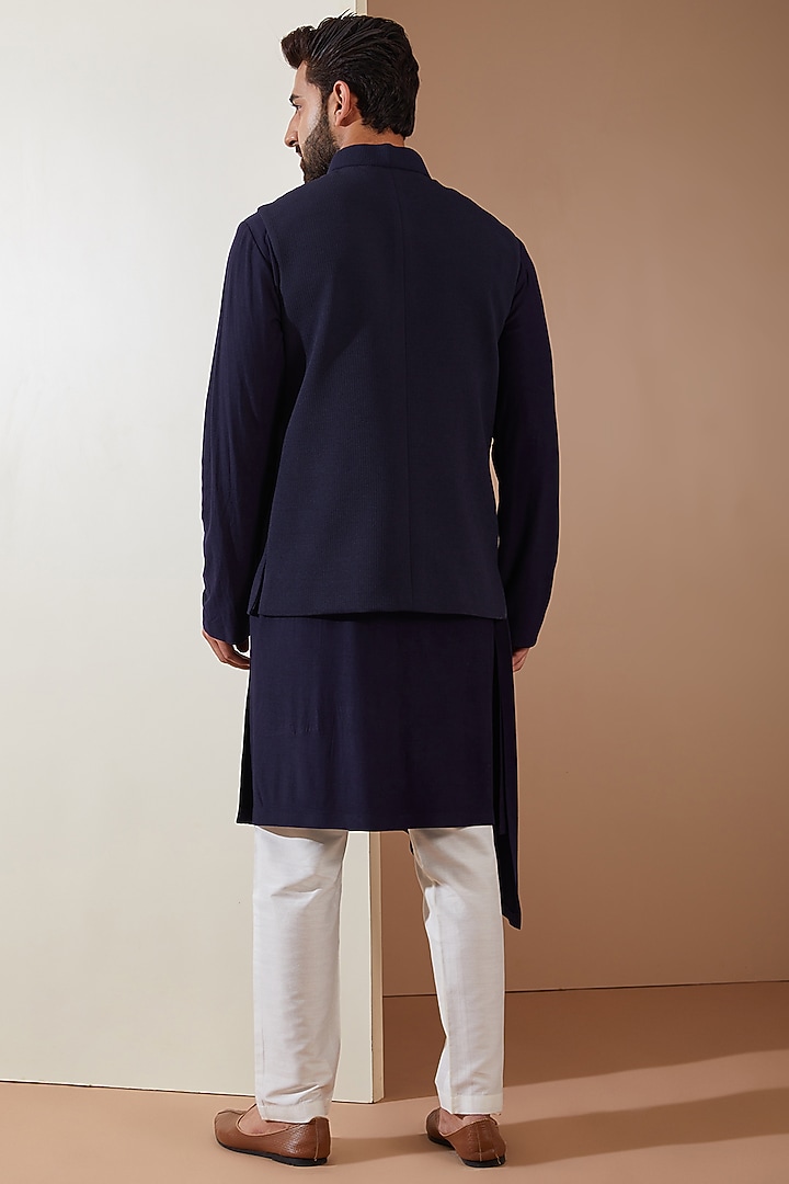 Blue Hosiery Laser-Cut Applique Embellished Nehru Jacket Set by THE BLUES at Pernia's Pop Up Shop