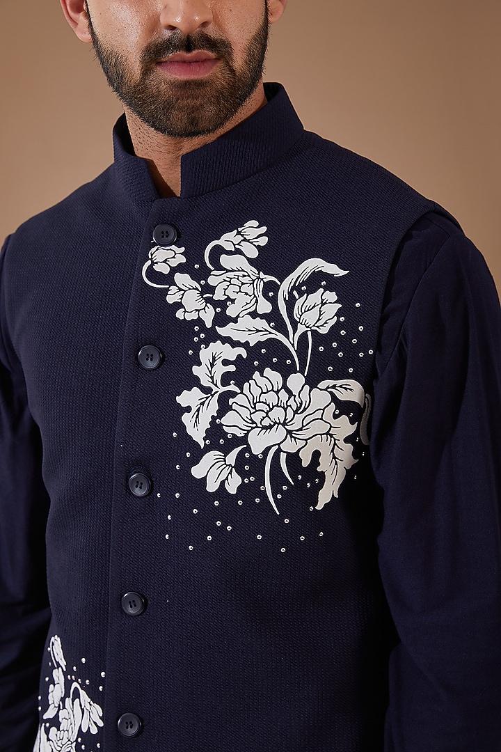 Blue Hosiery Laser-Cut Applique Embellished Nehru Jacket Set by THE BLUES at Pernia's Pop Up Shop