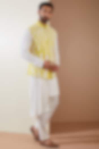 Yellow Hosiery Laser-Cut Applique Embellished Nehru Jacket Set by THE BLUES