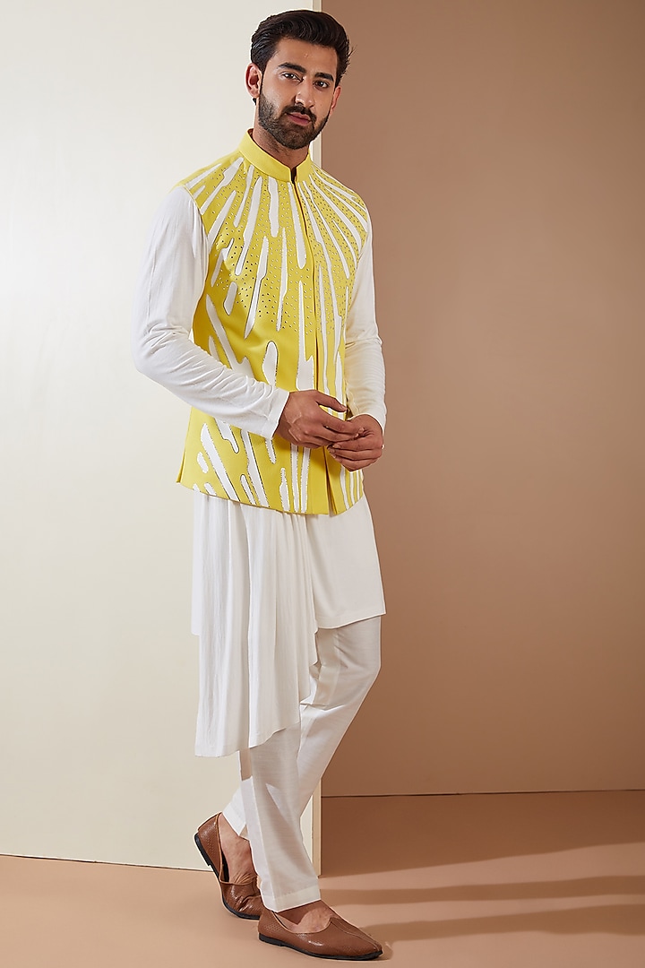 Yellow Hosiery Laser-Cut Applique Embellished Nehru Jacket Set by THE BLUES