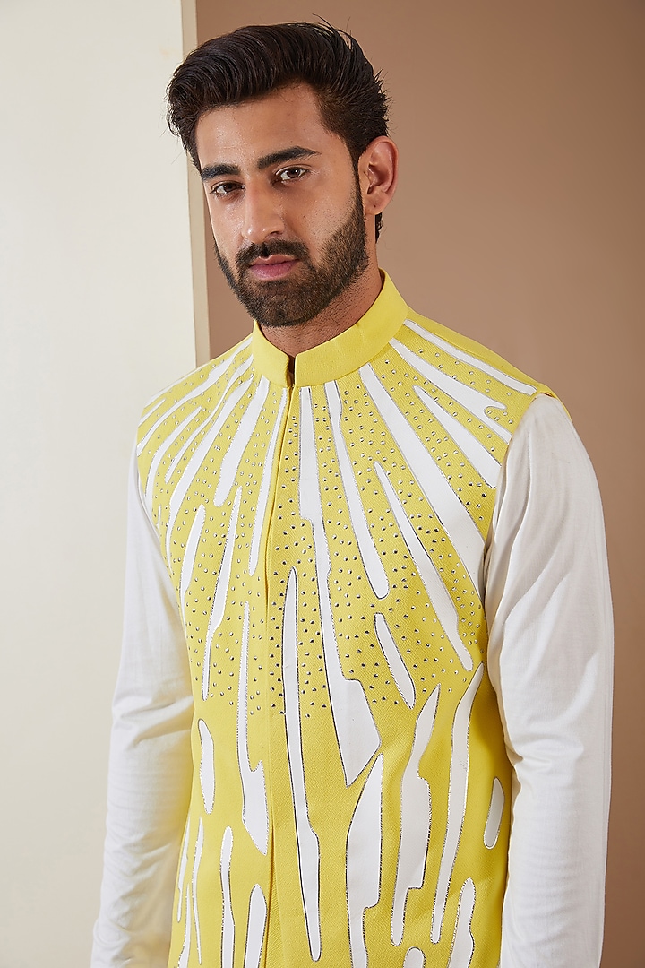 Yellow Hosiery Laser-Cut Applique Embellished Nehru Jacket Set by THE BLUES at Pernia's Pop Up Shop