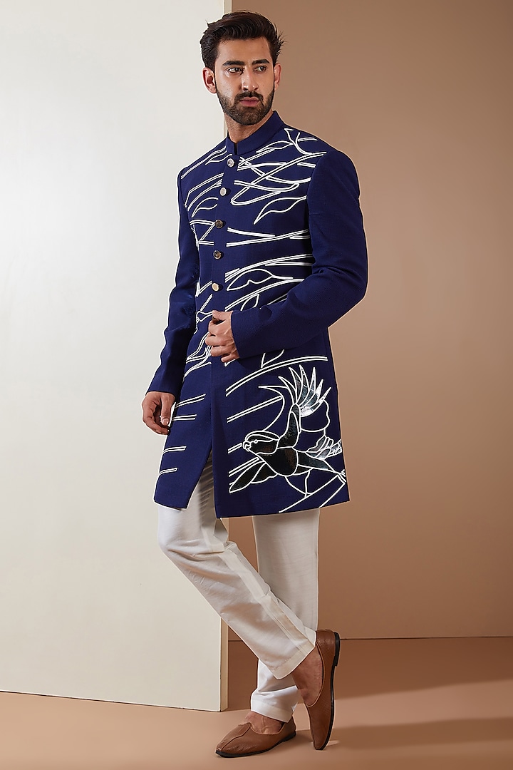 Blue Hosiery Laser-Cut Applique Embroidered Sherwani Set by THE BLUES
