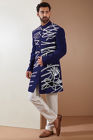 Blue Hosiery Laser-Cut Applique Embroidered Sherwani Set by THE BLUES