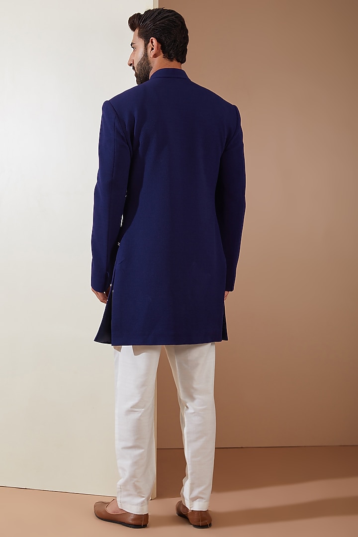 Blue Hosiery Laser-Cut Applique Embroidered Wedding Sherwani Set by THE BLUES at Pernia's Pop Up Shop