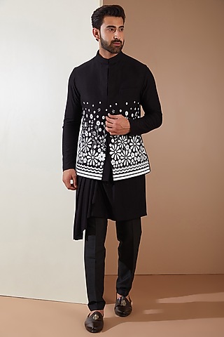 Black Hosiery Laser-Cut Applique Embellished Nehru Jacket Set by THE BLUES