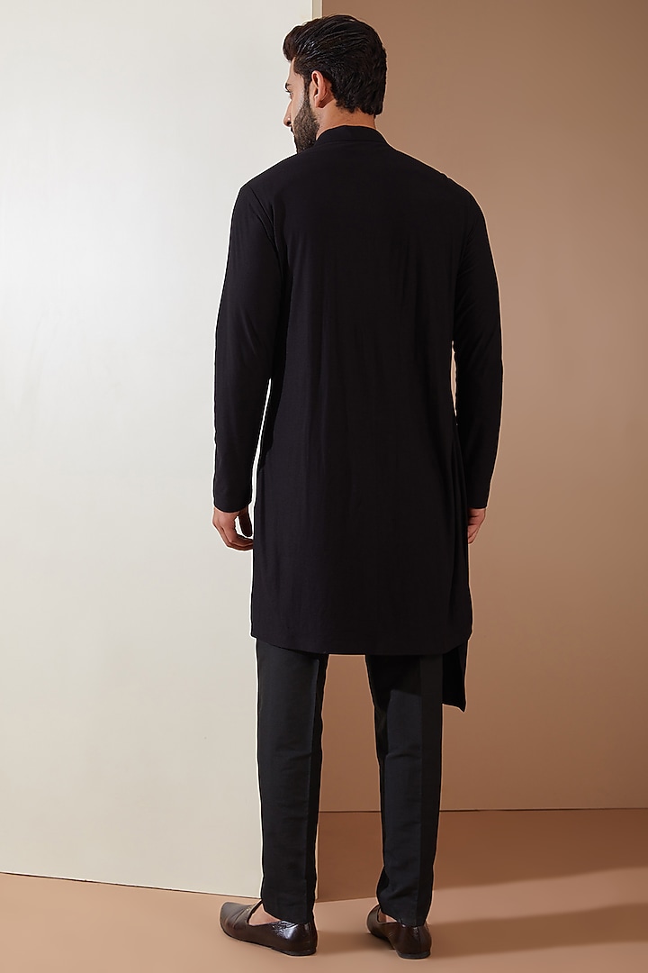 Black Hosiery Laser-Cut Applique Embellished Nehru Jacket Set by THE BLUES at Pernia's Pop Up Shop