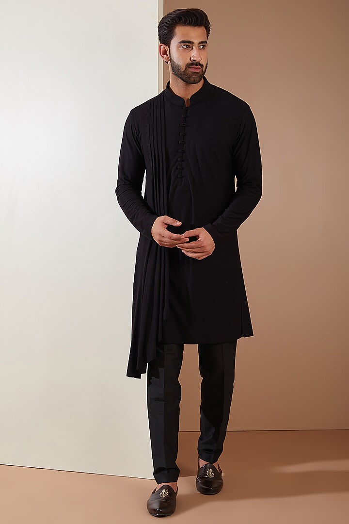 Black Hosiery Laser-Cut Applique Embellished Nehru Jacket Set by THE BLUES at Pernia's Pop Up Shop