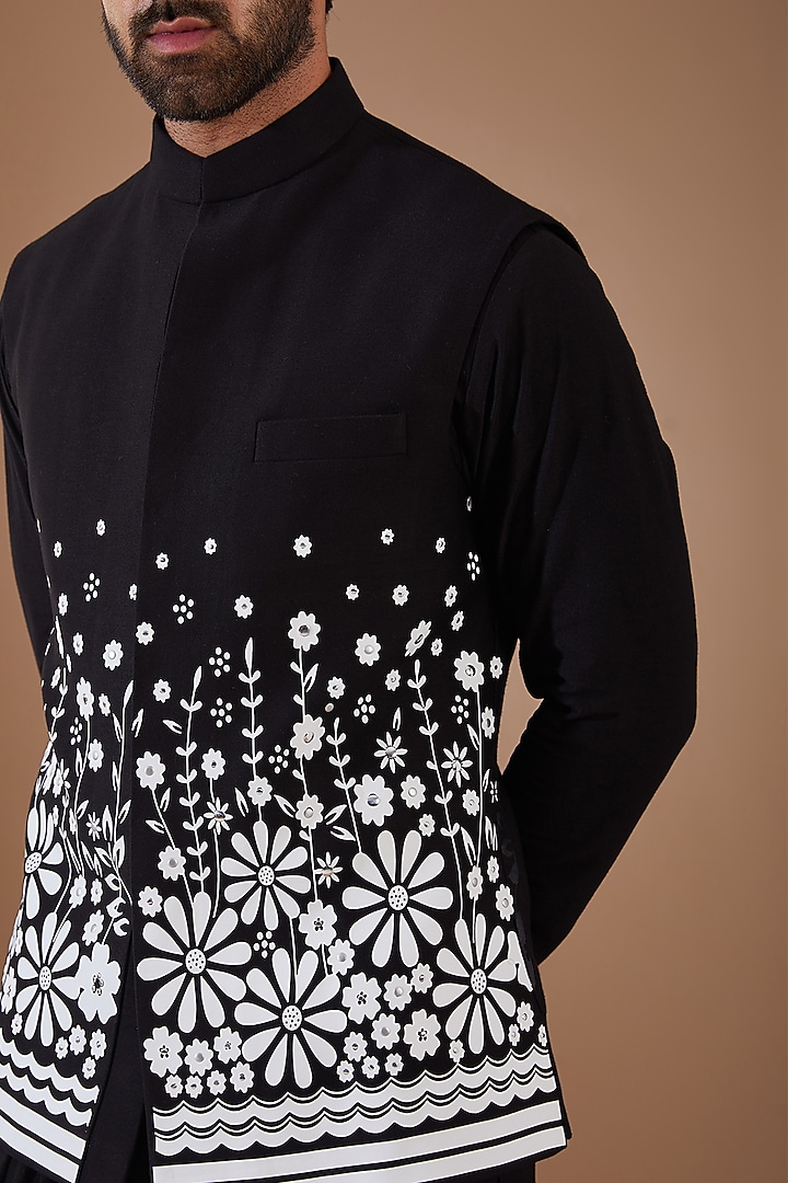 Black Applique Embroidered Nehru Jacket Set