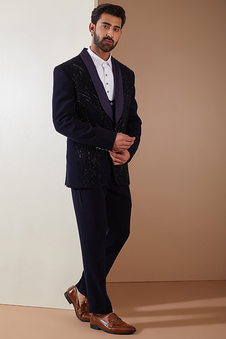 Blue Japanese Fabric Cutwork Hand Embroidered Tuxedo Set by THE BLUES at Pernia's Pop Up Shop