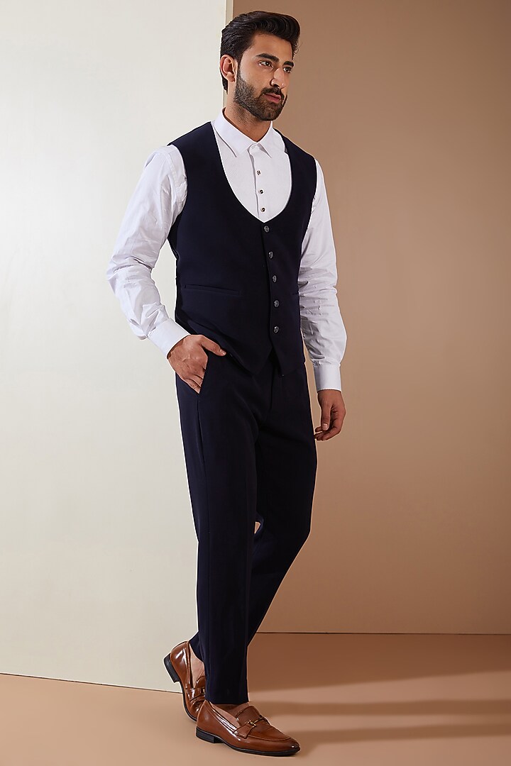 Blue Japanese Fabric Cutwork Hand Embroidered Tuxedo Set by THE BLUES at Pernia's Pop Up Shop