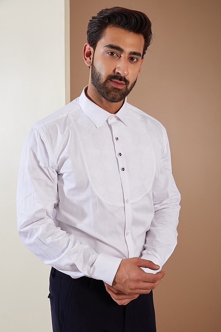 Blue Japanese Fabric Cutwork Hand Embroidered Tuxedo Set by THE BLUES at Pernia's Pop Up Shop