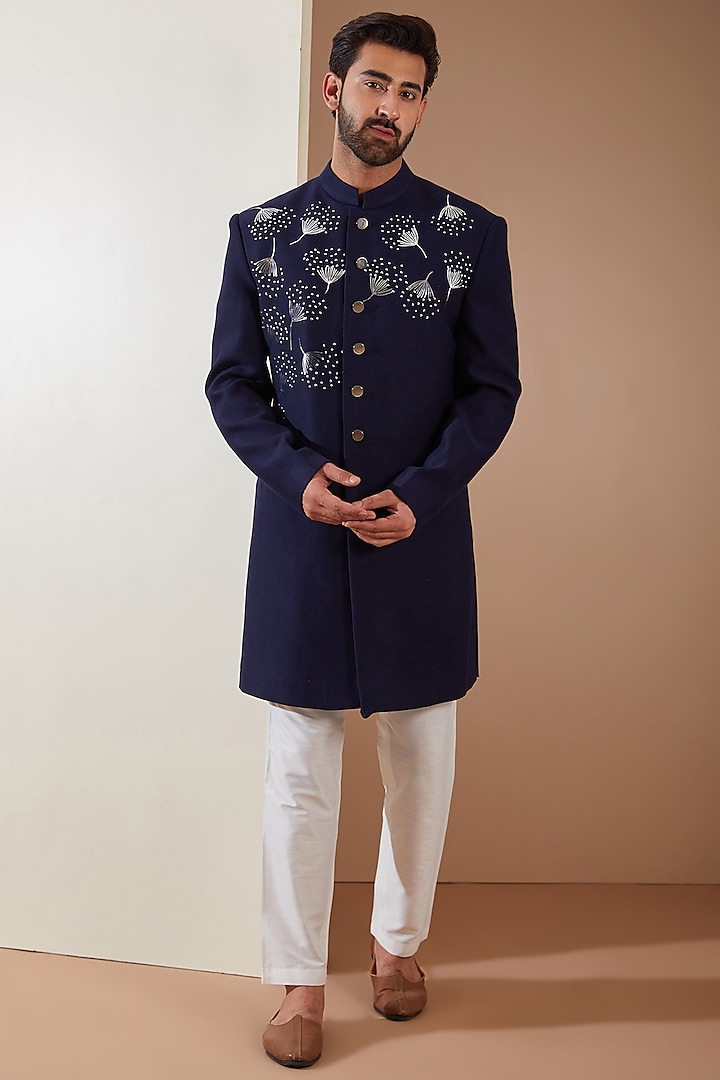 Blue Hosiery Laser-Cut Applique Embroidered Wedding Sherwani Set by THE BLUES at Pernia's Pop Up Shop