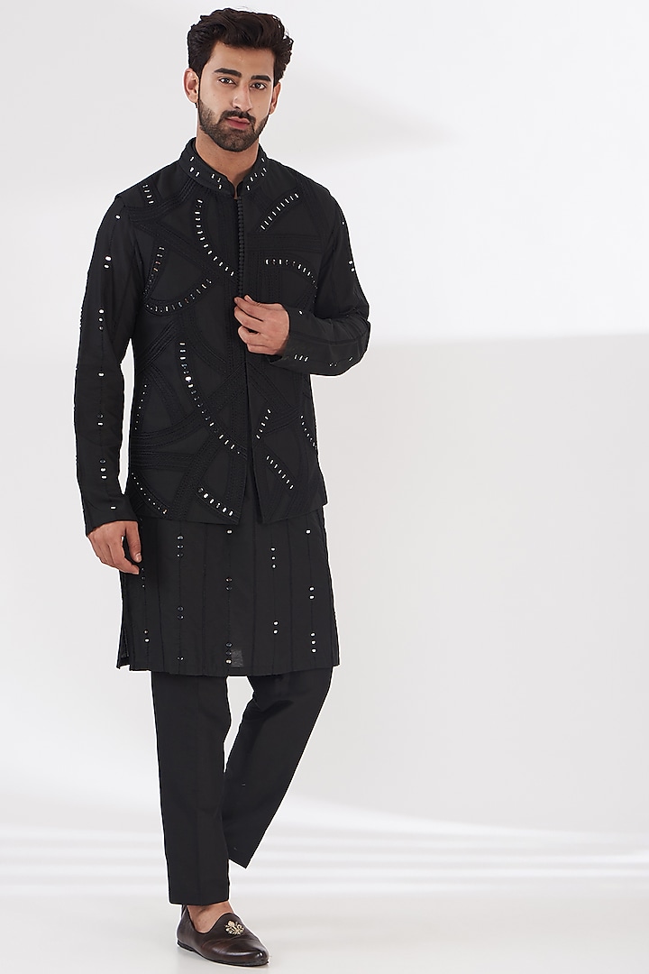 Black Cotton Silk Mirror Embroidered Bundi Jacket Set by THE BLUES at Pernia's Pop Up Shop