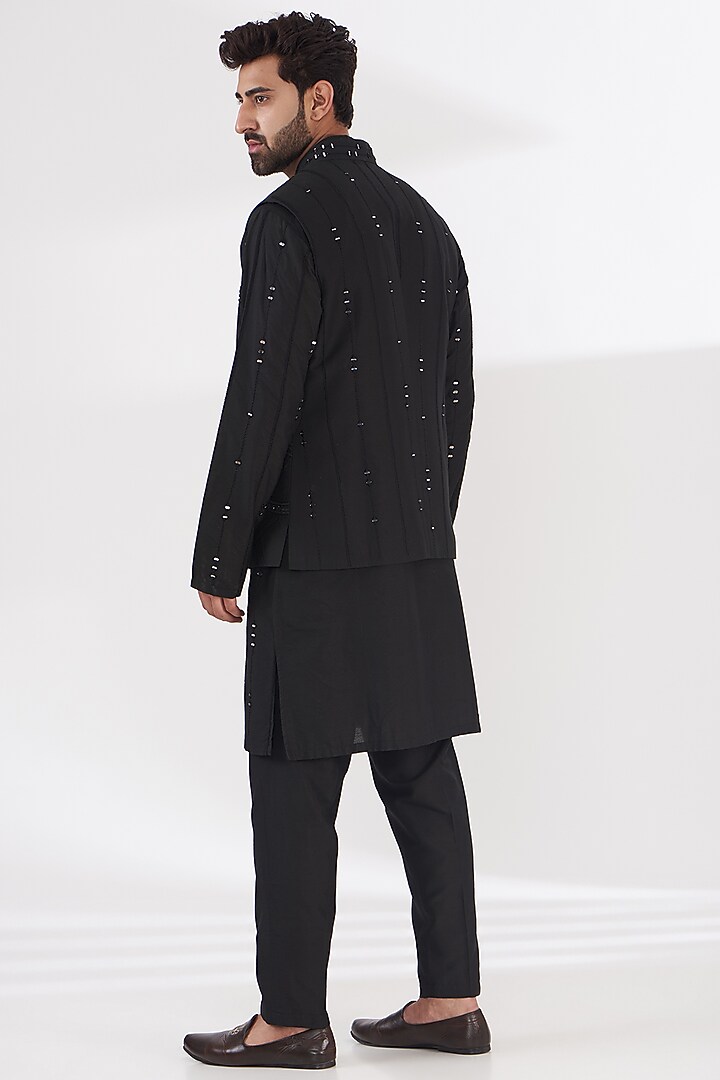 Black Cotton Silk Mirror Embroidered Bundi Jacket Set by THE BLUES at Pernia's Pop Up Shop