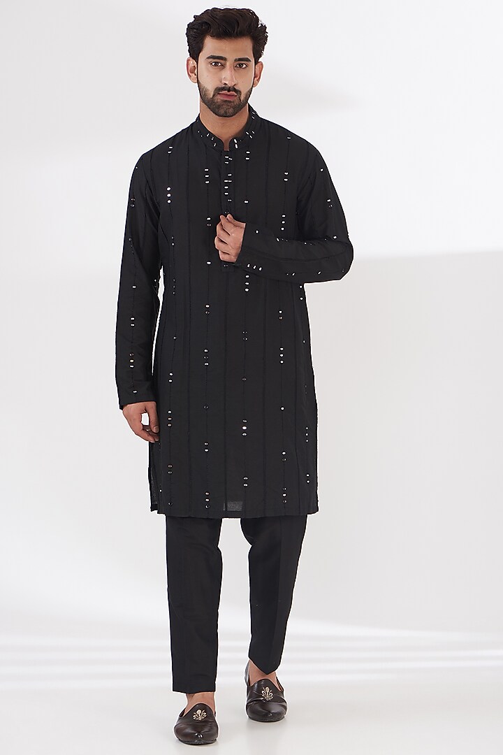 Black Cotton Silk Mirror Embroidered Bundi Jacket Set by THE BLUES at Pernia's Pop Up Shop