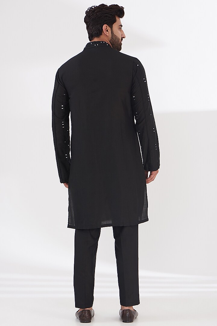 Black Cotton Silk Mirror Embroidered Bundi Jacket Set by THE BLUES at Pernia's Pop Up Shop