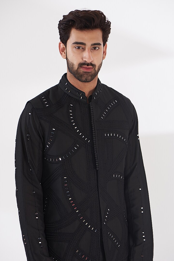 Black Cotton Silk Mirror Embroidered Bundi Jacket Set by THE BLUES at Pernia's Pop Up Shop