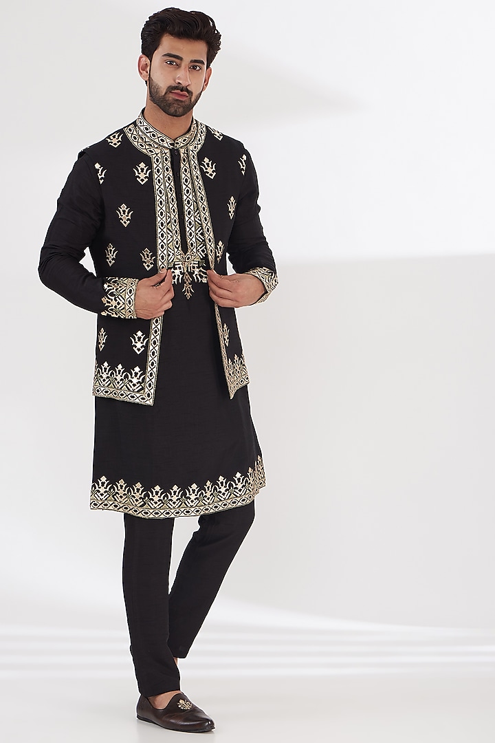 Black Blended Silk Leather Embroidered Indowestern Set by THE BLUES at Pernia's Pop Up Shop