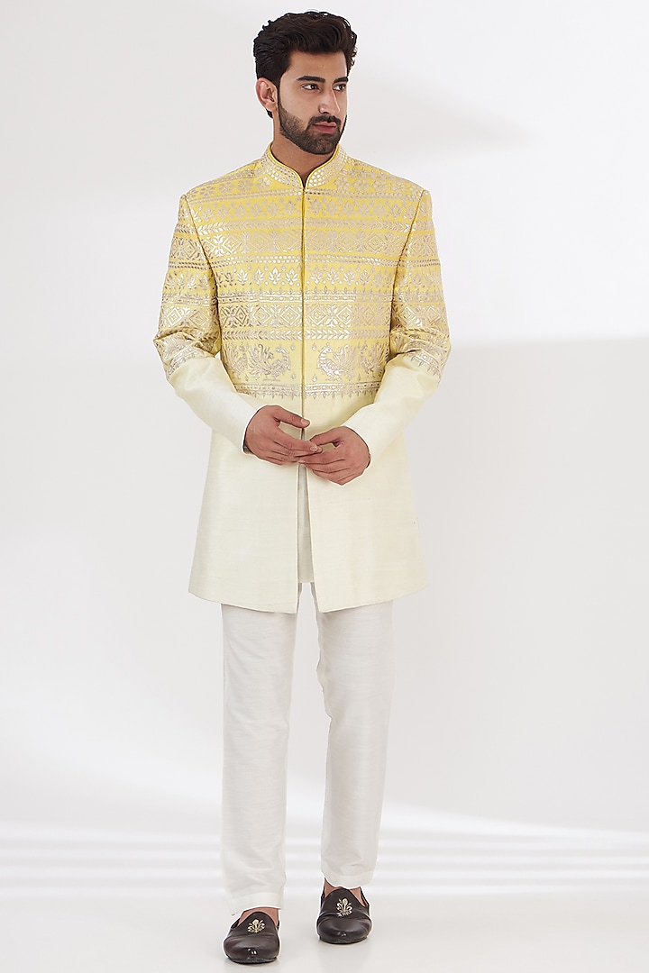 Yellow Ombre Raw Silk Leather Embroidered Indo Western Set by THE BLUES