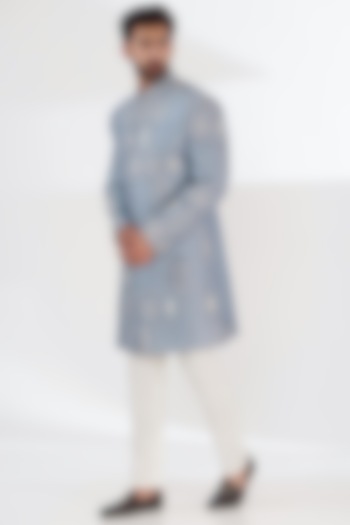 Blue Raw Silk Embroidered Sherwani Set by THE BLUES