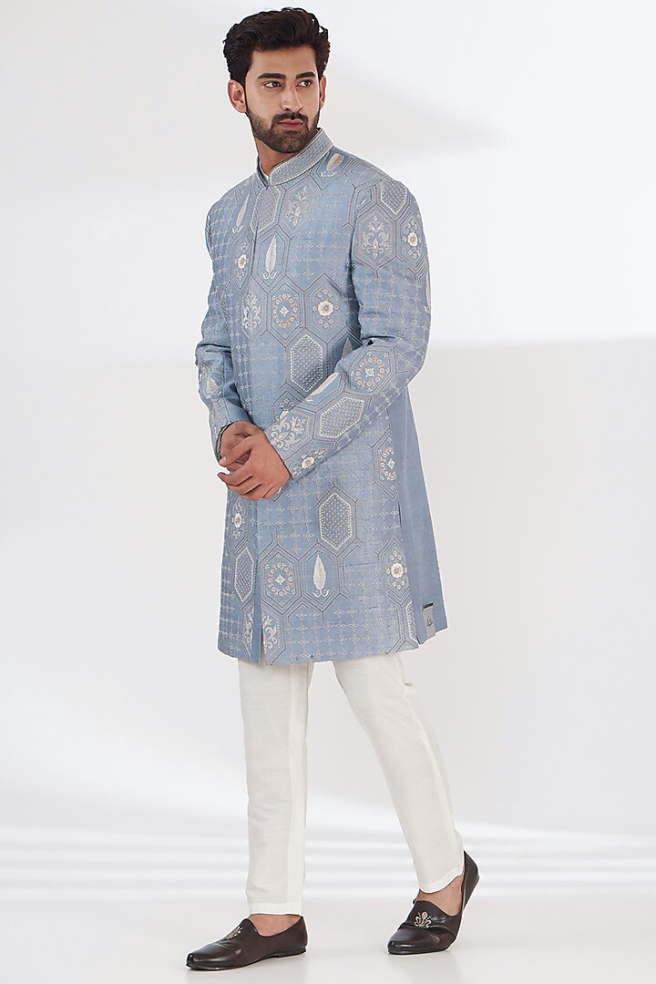 Blue Raw Silk Embroidered Sherwani Set by THE BLUES