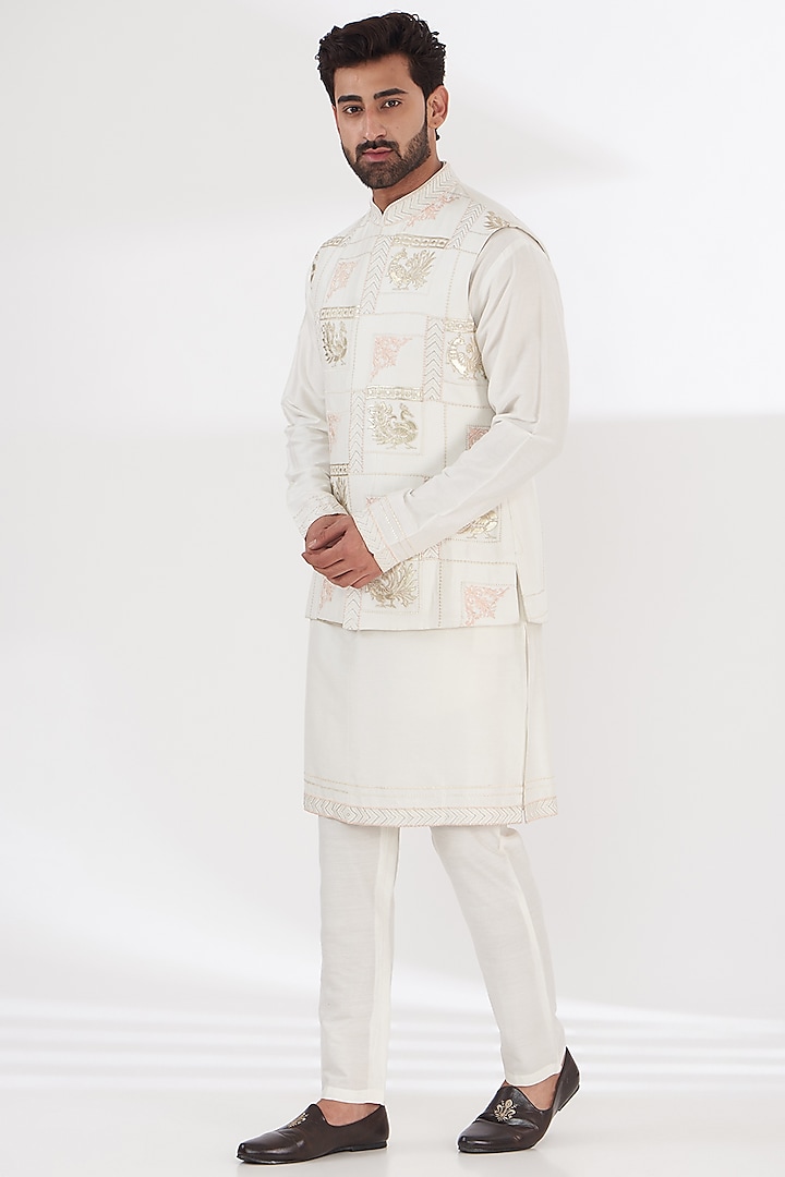 Ivory Cotton Silk Leather Embroidered Bundi Jacket Set by THE BLUES