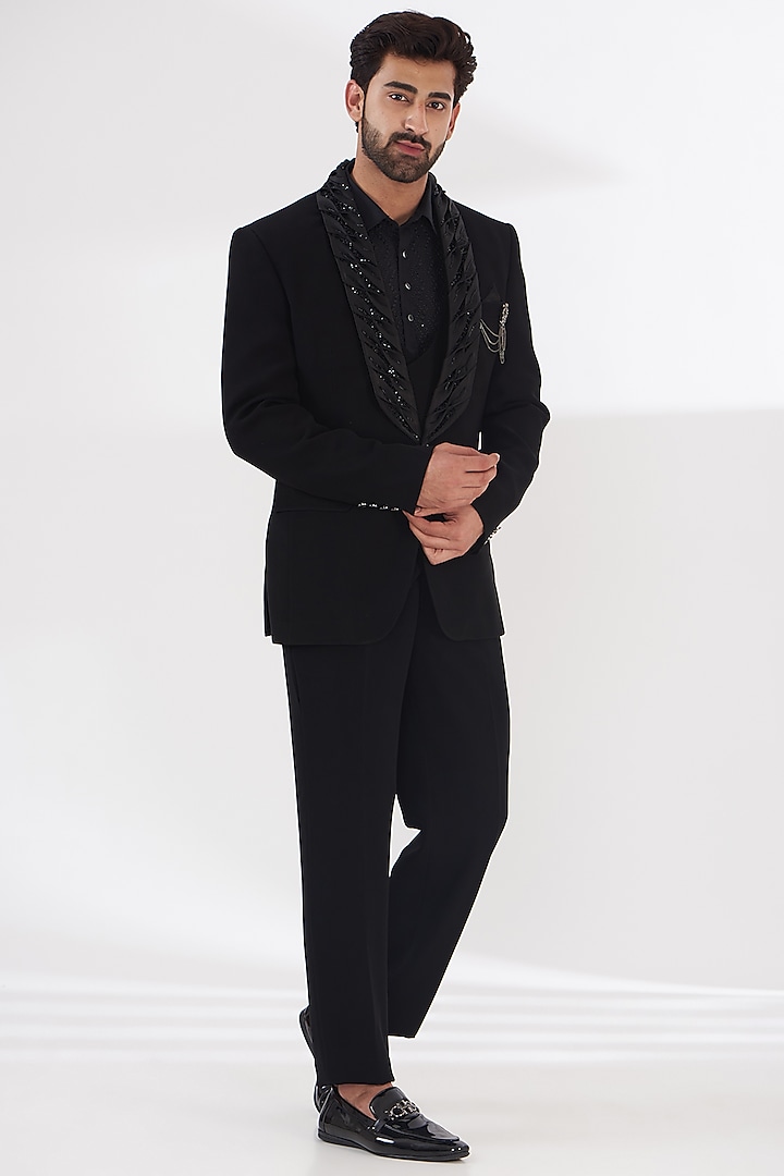 Black Japanese Fabric Hand Embroidered Tuxedo Set by THE BLUES at Pernia's Pop Up Shop