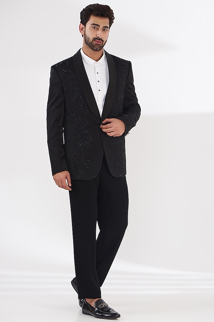 Black Japanese Fabric Hand Embroidered Tuxedo Set by THE BLUES