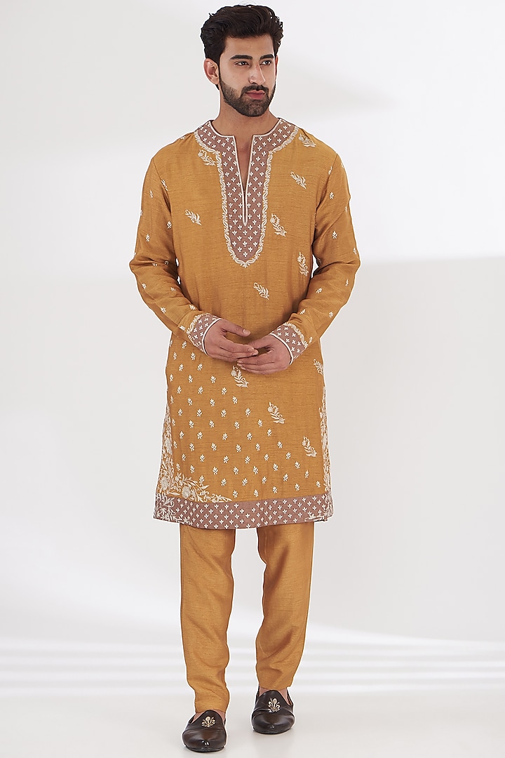 Mustard Poly Silk Embroidered Kurta Set by THE BLUES at Pernia's Pop Up Shop