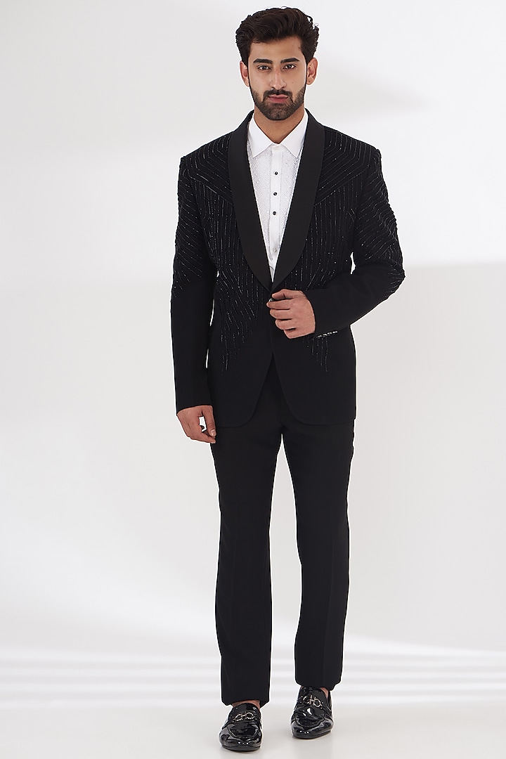 Black Japanese Fabric Hand Embroidered Tuxedo Set by THE BLUES at Pernia's Pop Up Shop