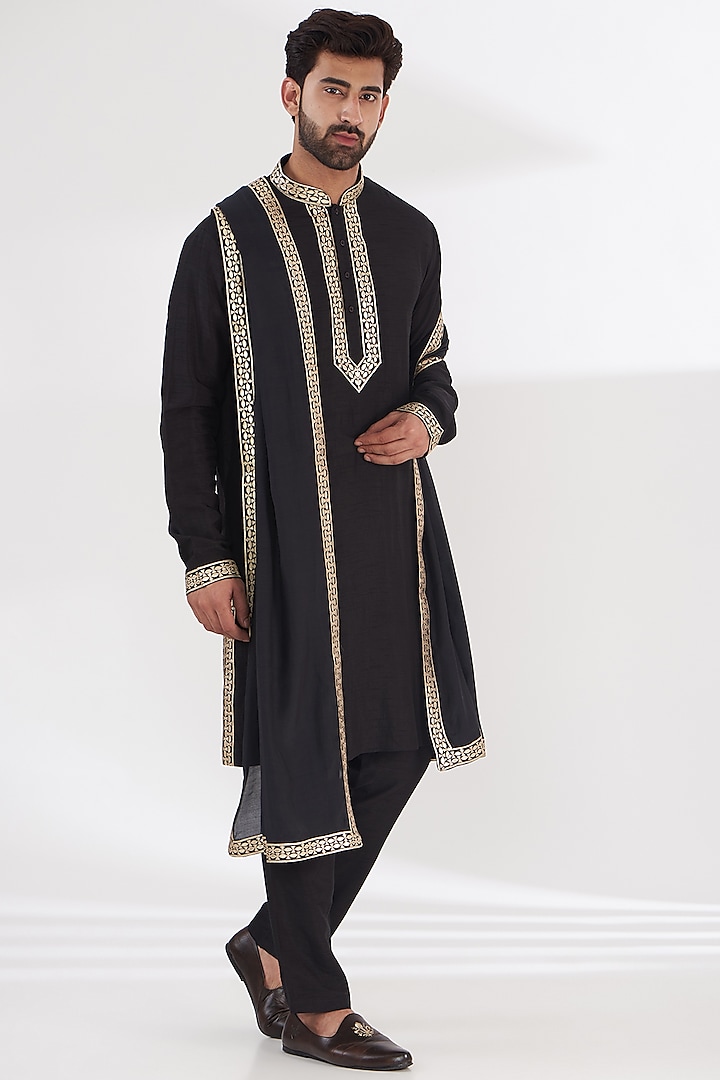 Black Poly Silk Embroidered Kurta Set by THE BLUES at Pernia's Pop Up Shop